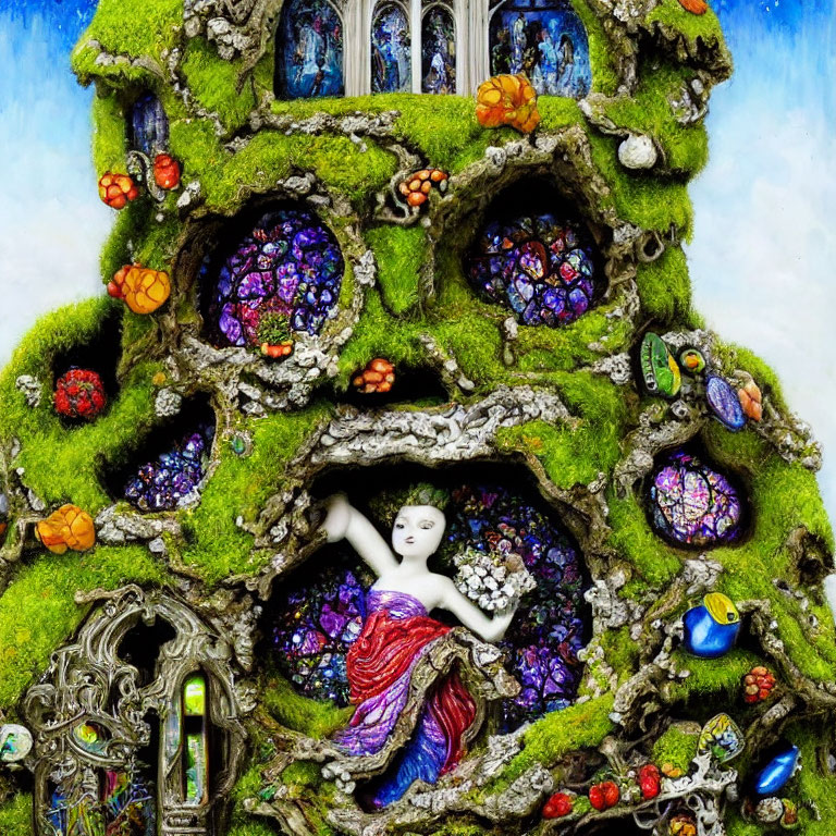 Vibrant fairy figure in mossy tree house with flowers and mushrooms
