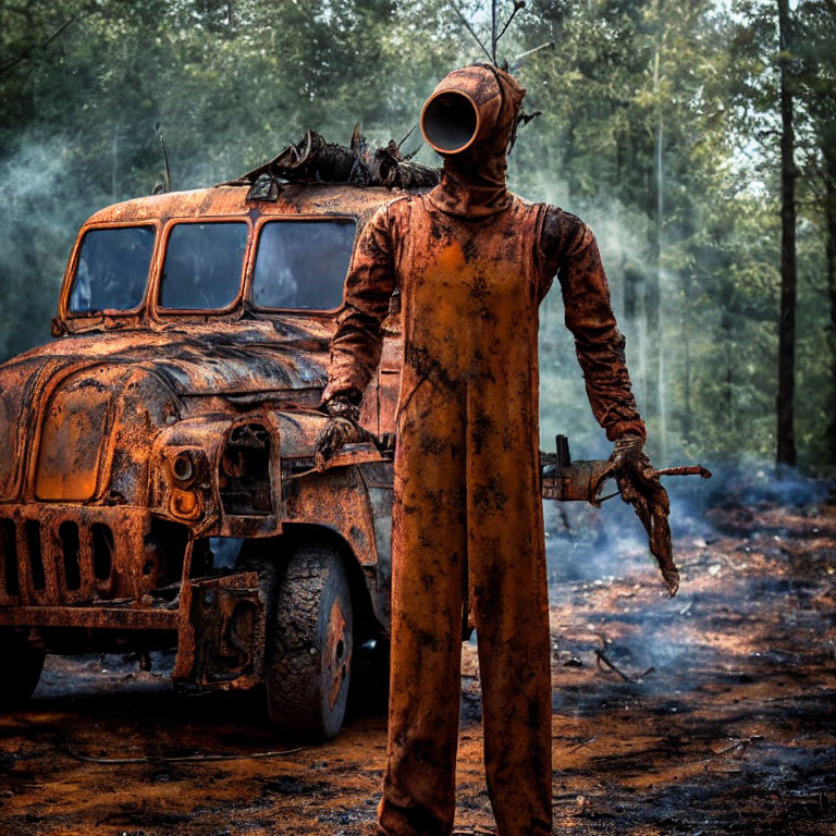 Vintage hazmat suit figure near rusty vehicle in smoky forest with weapon