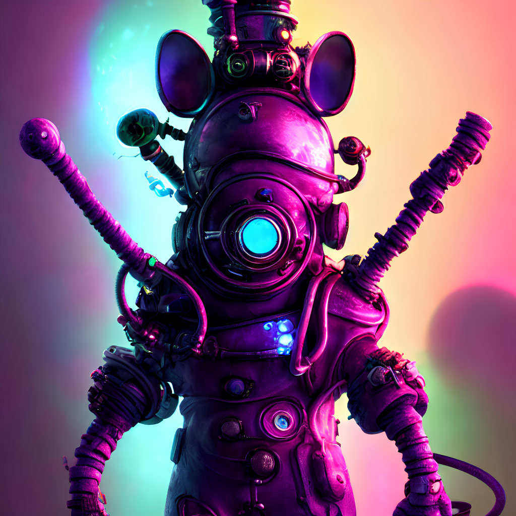 Colorful whimsical robot with multiple arms on vibrant backdrop