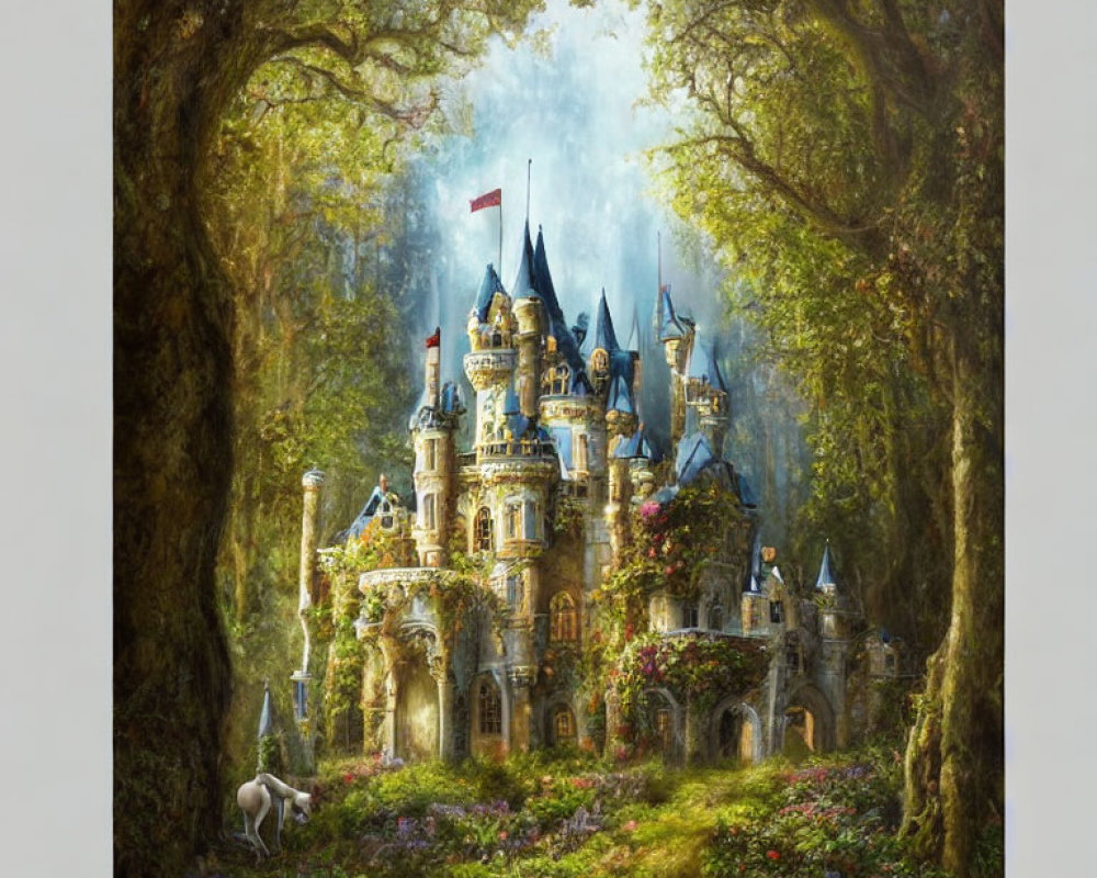 Enchanting castle with spires in magical forest with unicorn