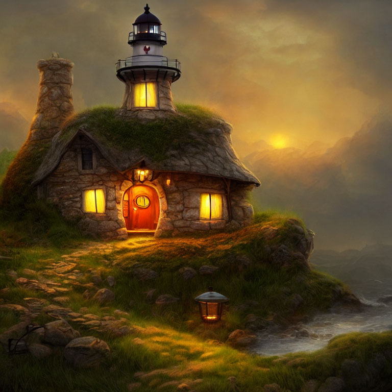 Stone cottage with attached lighthouse on coastal hill at dusk