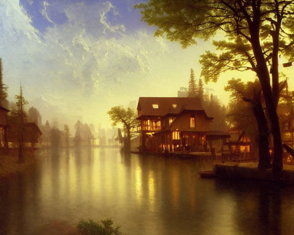 Tranquil river scene at dusk with traditional houses and trees reflecting in water.