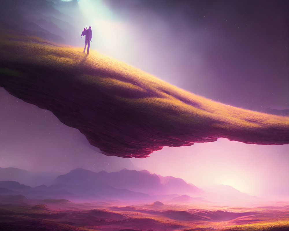 Silhouette of person on cliff under starry sky with celestial body and purple alien landscape