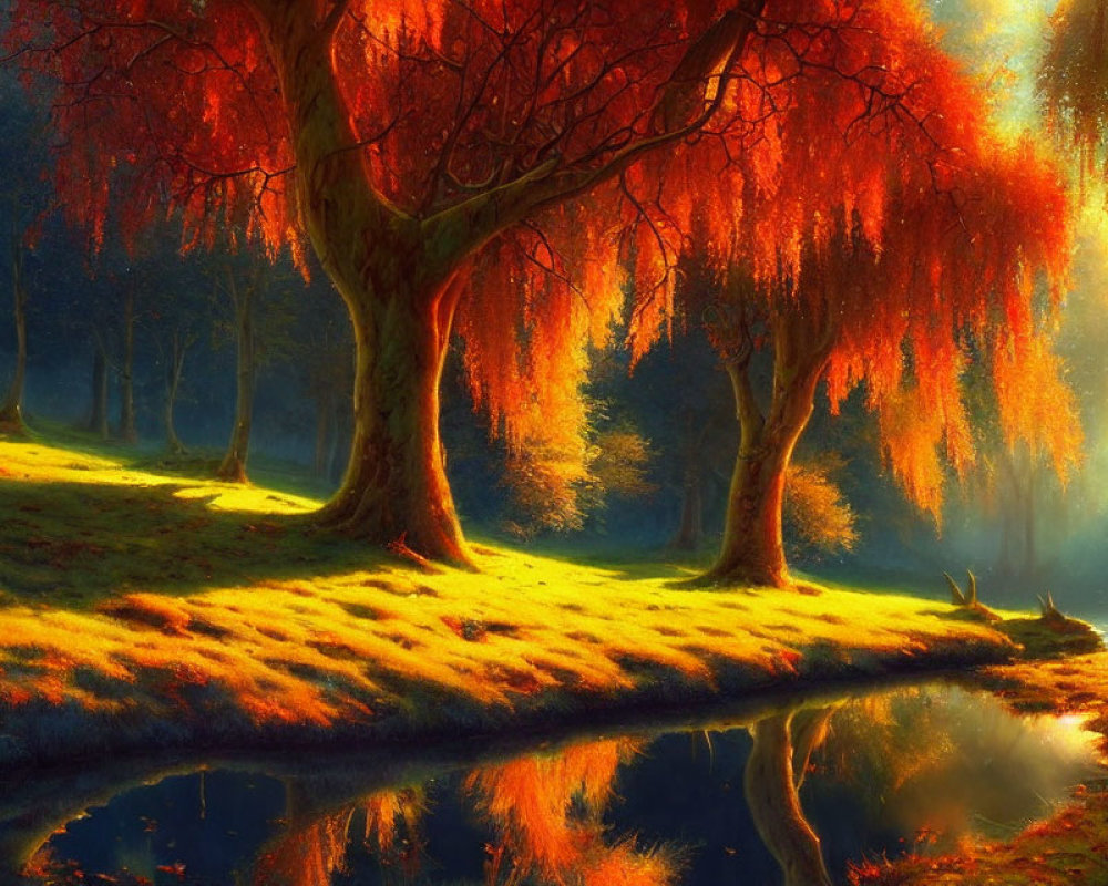 Tranquil Autumn Landscape with Weeping Willow Trees by Reflecting River