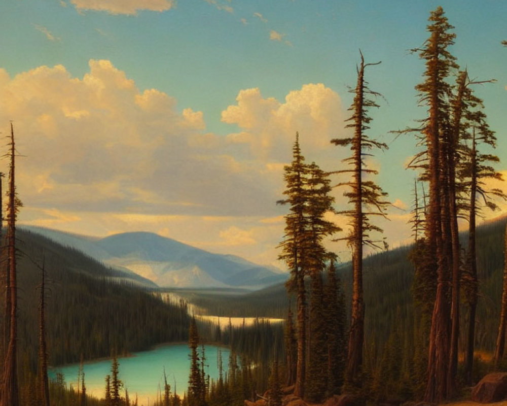 Tranquil forest scene with tall pine trees, blue lake, mountains, and golden sky