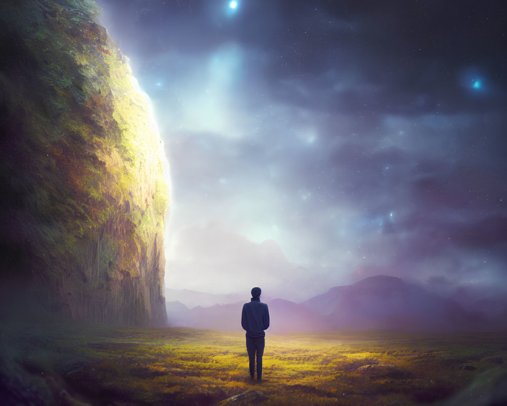 Figure in field gazes at starlit sky over towering cliffs at night and dawn.