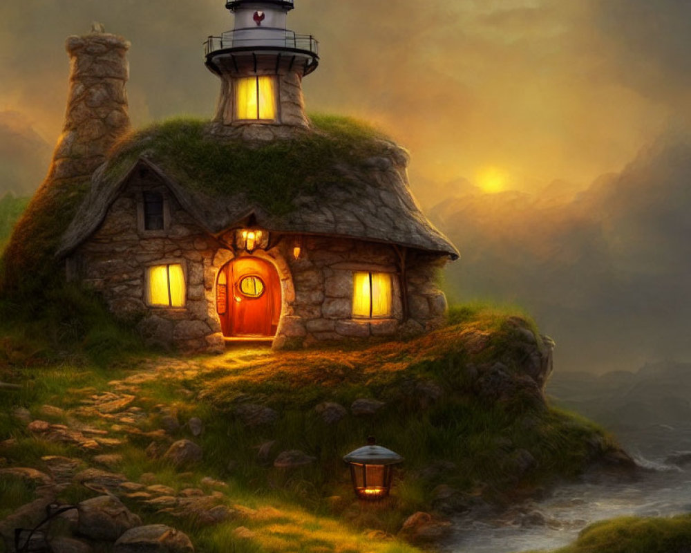 Stone cottage with attached lighthouse on coastal hill at dusk