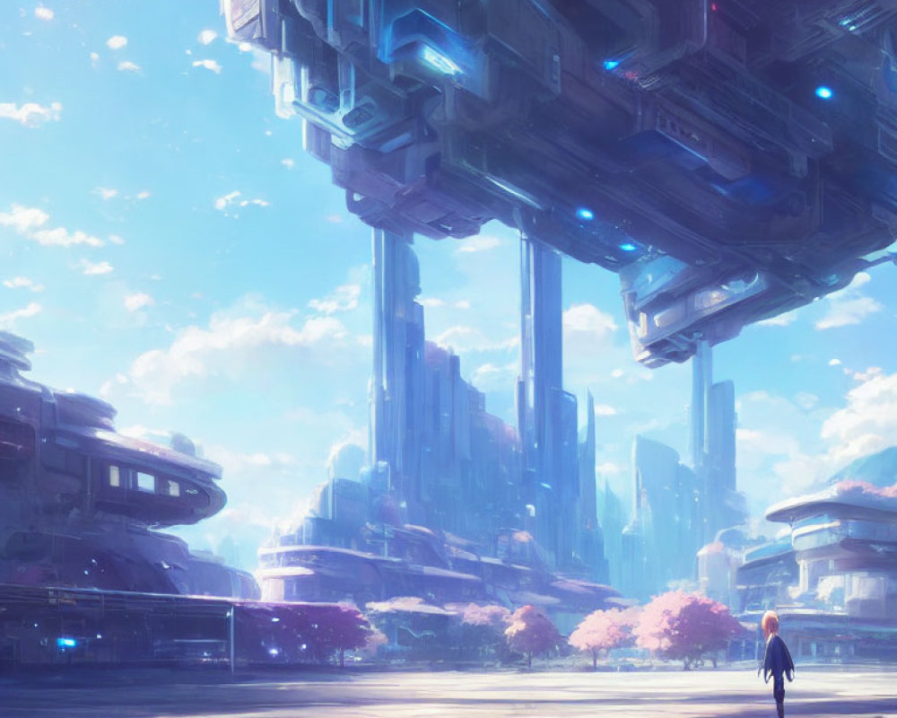 Futuristic cityscape with skyscrapers, floating structure, person, cherry blossom trees