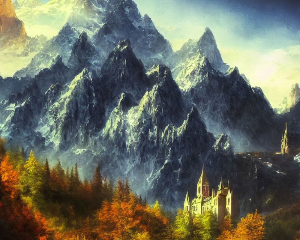 Majestic misty mountains, autumnal castle, ethereal light