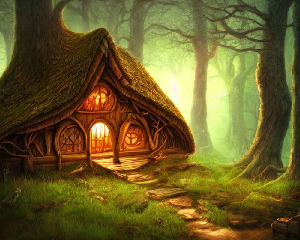Enchanted cottage with thatched roof in mystical green forest