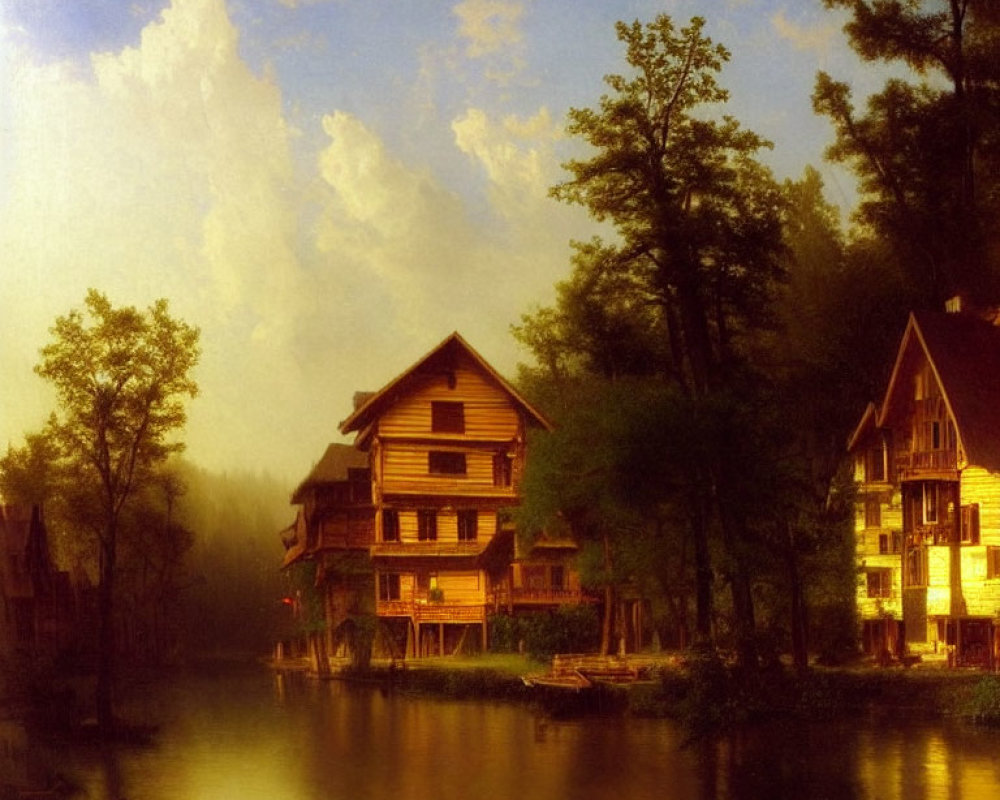 Tranquil Lake Scene: Rustic Wooden Houses, Lush Trees, Golden Light