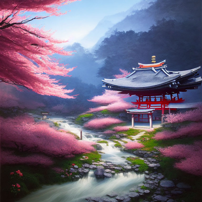 Tranquil landscape with cherry blossoms, traditional building, stream, and misty mountains