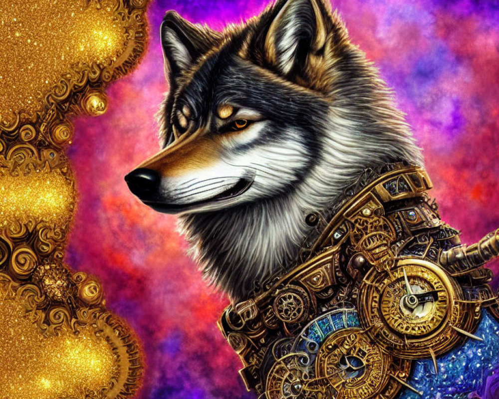 Detailed Steampunk Wolf Illustration with Cosmic Background