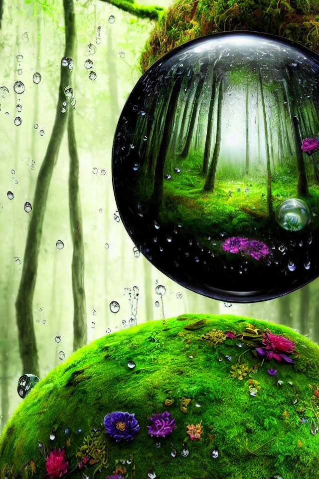 Bubble reflecting forest in dreamlike scene with moss and flowers.