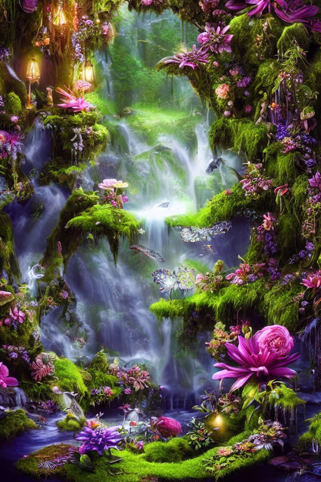 Vibrant fantasy waterfall in lush greenery with flowers, lanterns, and butterflies