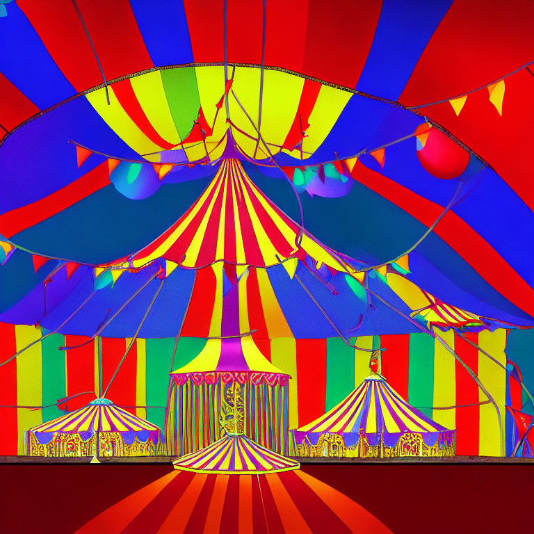 Colorful Circus Scene Illustration with Central Tent and Blue Background
