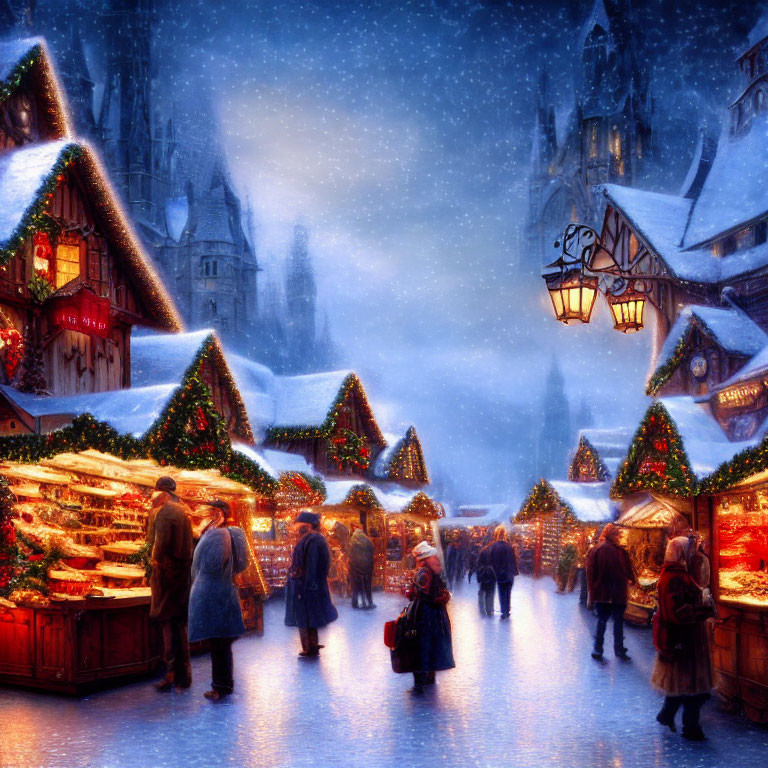 Snowy Christmas market scene with festive stalls and people browsing under evening sky