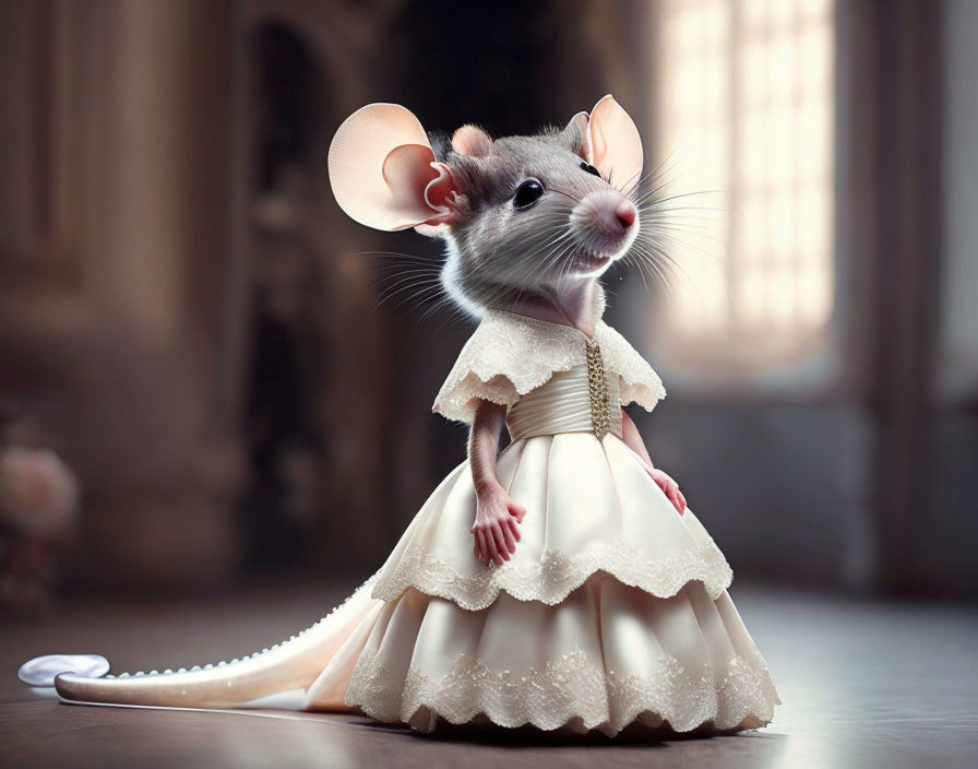 Mouse in Ivory Dress Stands in Dimly Lit Room