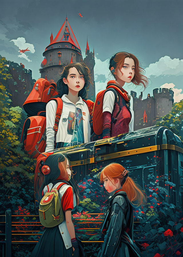 Three girls with backpacks at ornate gate with castle and gardens - sense of adventure