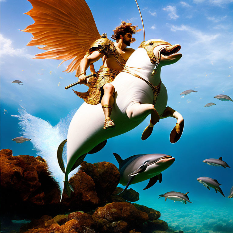 Fantastical underwater scene with warrior riding winged horse-like creature