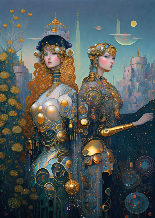 Fantastical steampunk female warrior figures in moonlit cityscape