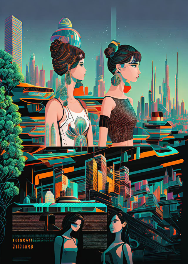 Stylized women with elaborate hairstyles in futuristic cityscape