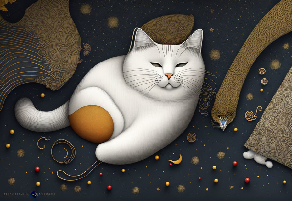 Cosmic illustration of serene white cat amidst stars & planets