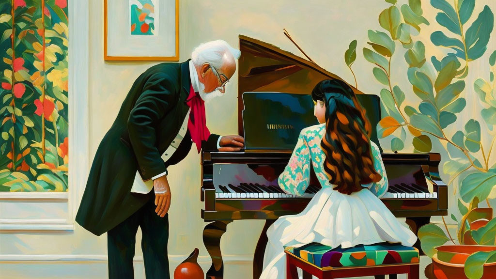 Elderly man teaching young girl piano in art-filled room