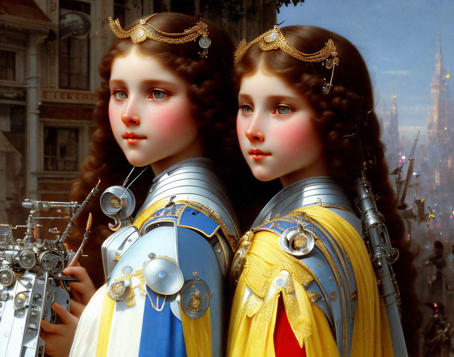 Identical female figures in medieval armor with gold embellishments before a cityscape reflection.