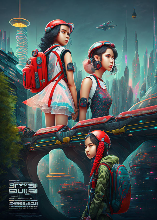 Three young women in futuristic urban attire with helmets and backpacks, standing before a neon-lit city