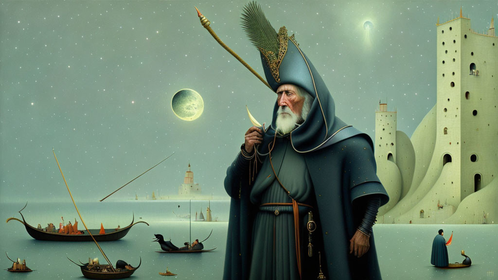 Elderly wizard in blue cloak by sea with crescent moon, boats, castle, and night