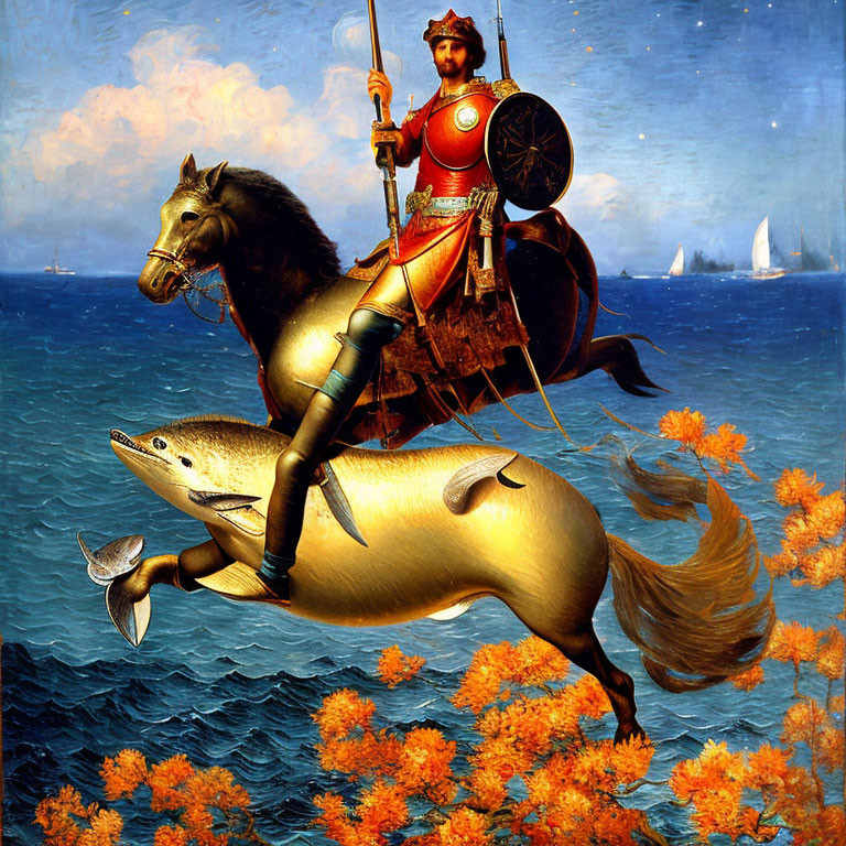 Roman warrior on seahorse with spear above ocean and ships.
