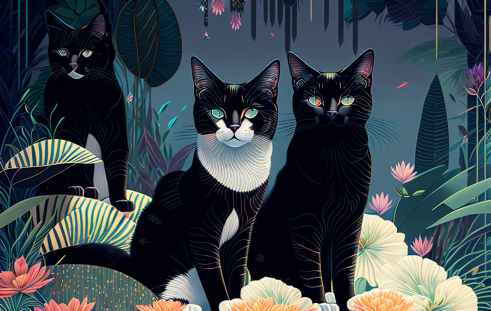Three black and white cats in colorful floral setting at night