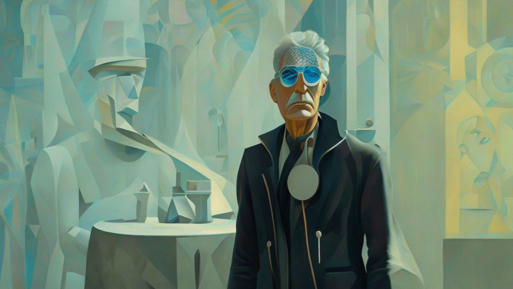 Elderly man with white hair in futuristic glasses in cubist interior