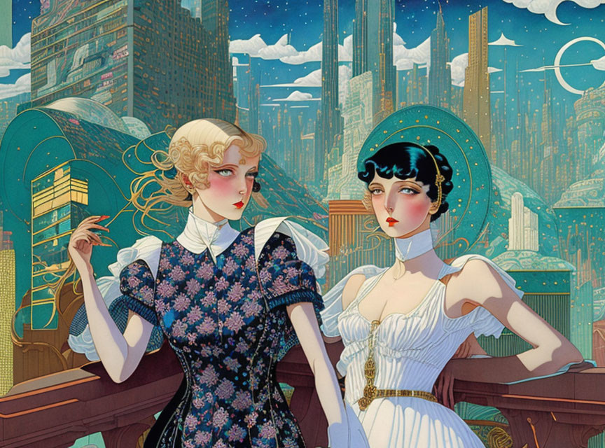 Stylized 1920s fashion women in vibrant art deco cityscape