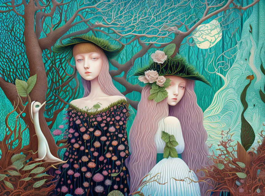 Whimsical female figures in floral hats in fantastical forest