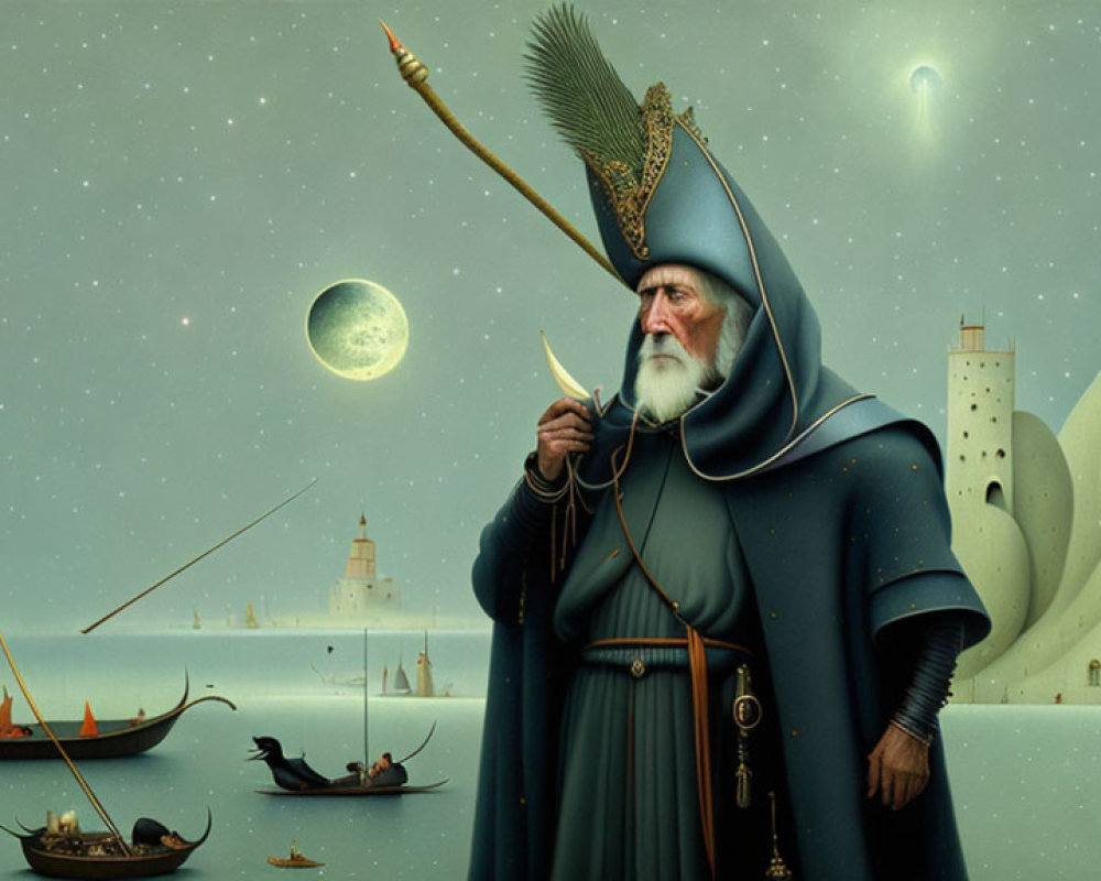 Elderly wizard in blue cloak by sea with crescent moon, boats, castle, and night