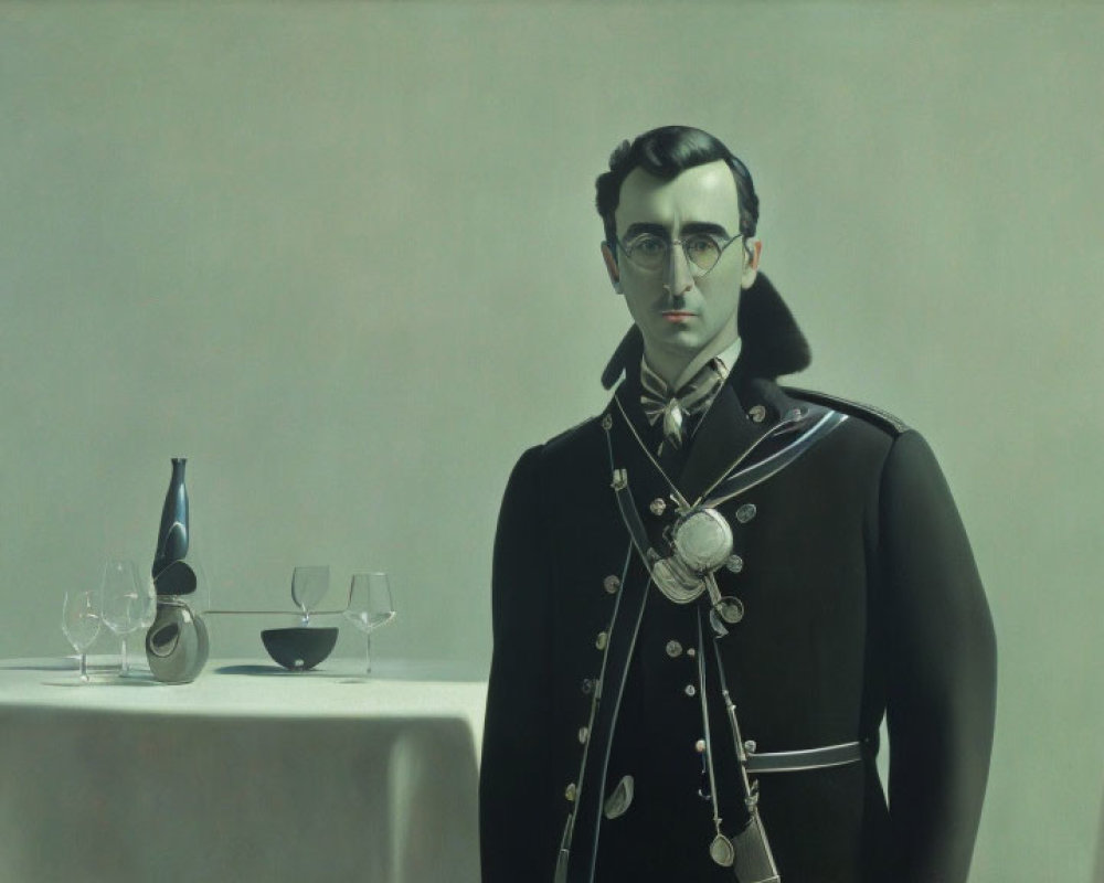 Portrait of solemn man in military uniform with wine glasses and bottle.