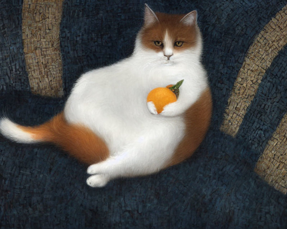 Fluffy white and brown cat with orange on blue chair