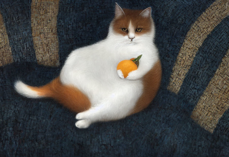 Fluffy white and brown cat with orange on blue chair