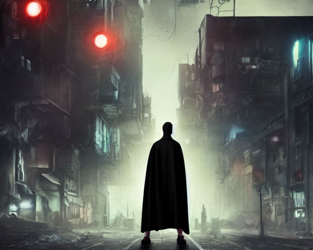 Mysterious Figure in Cape in Dark Dystopian Alley