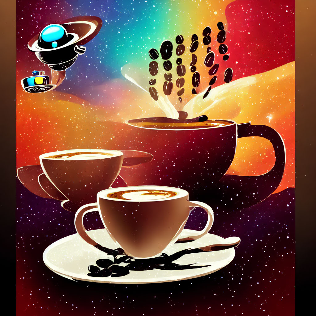 Surreal Coffee Cups and Beans in Cosmic Scene