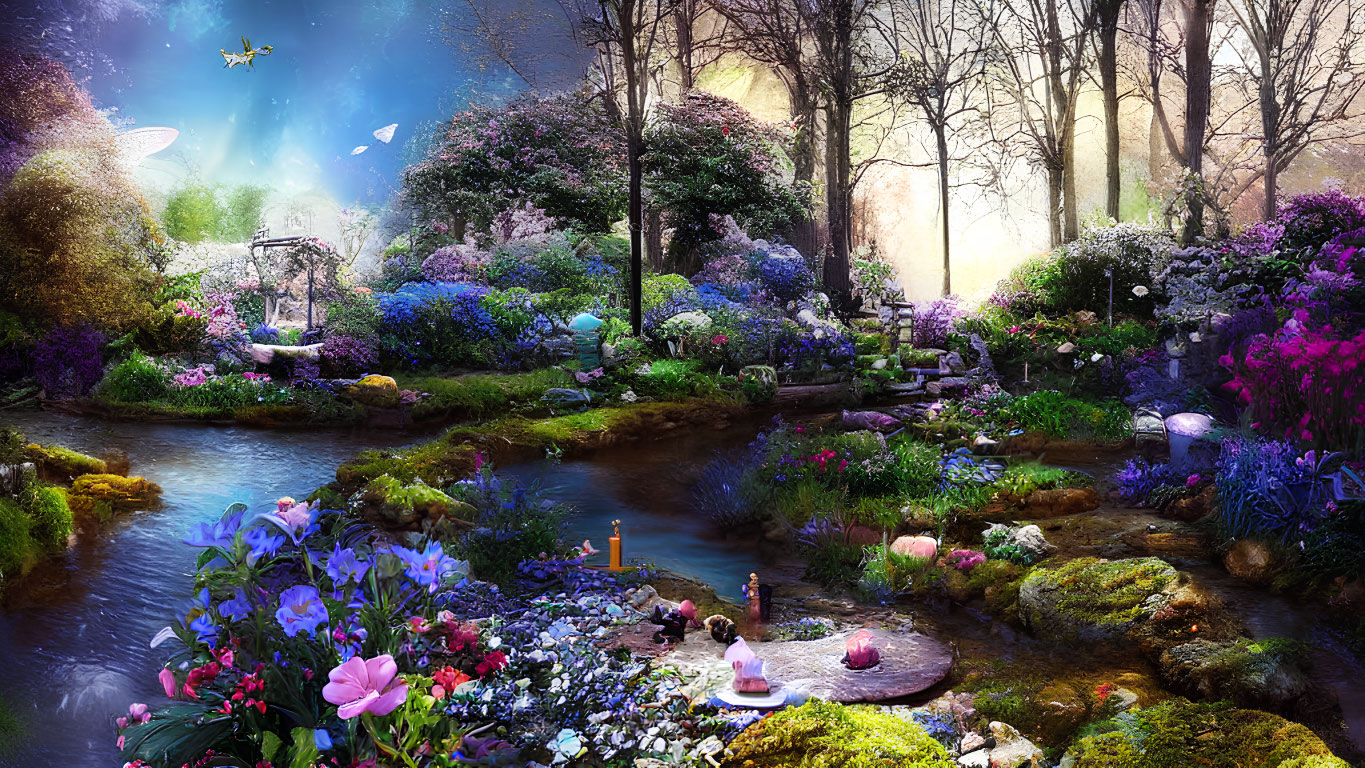 Vibrant flowers, serene stream, mystical lighting in enchanted garden scene