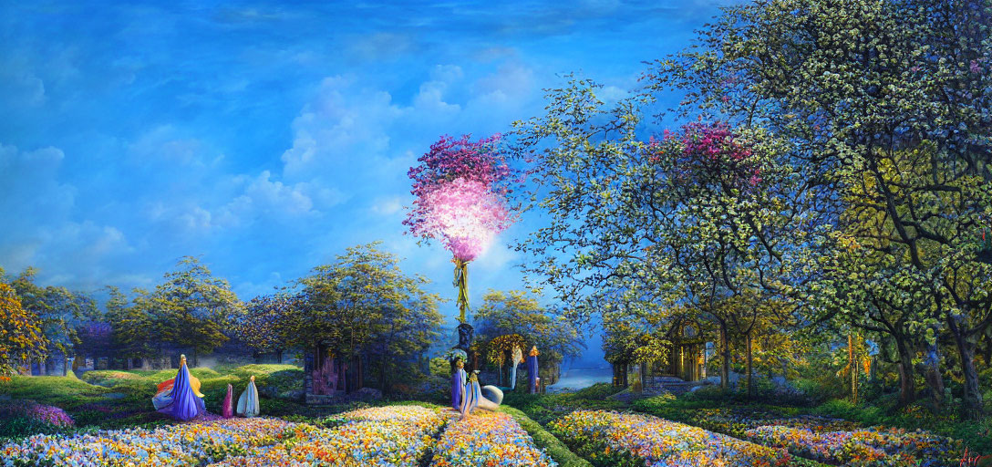 Fantasy garden painting with blooming trees and ethereal twilight atmosphere