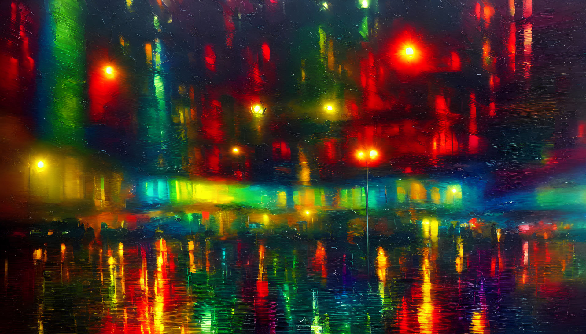 Colorful Abstract Cityscape Reflecting on Water at Night