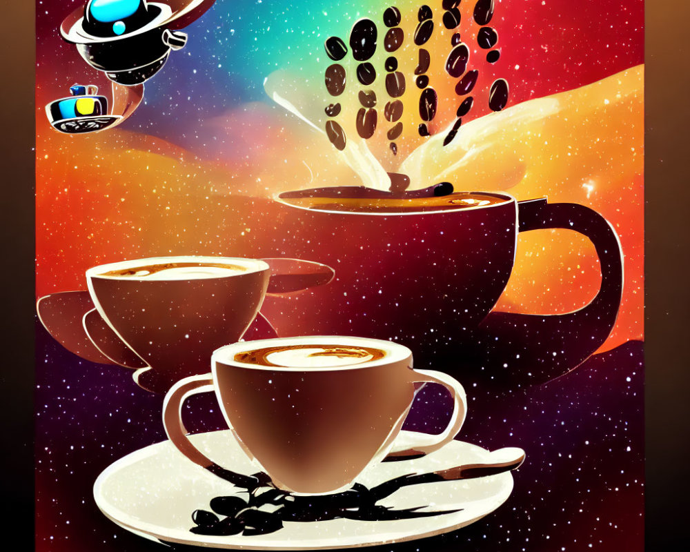 Surreal Coffee Cups and Beans in Cosmic Scene