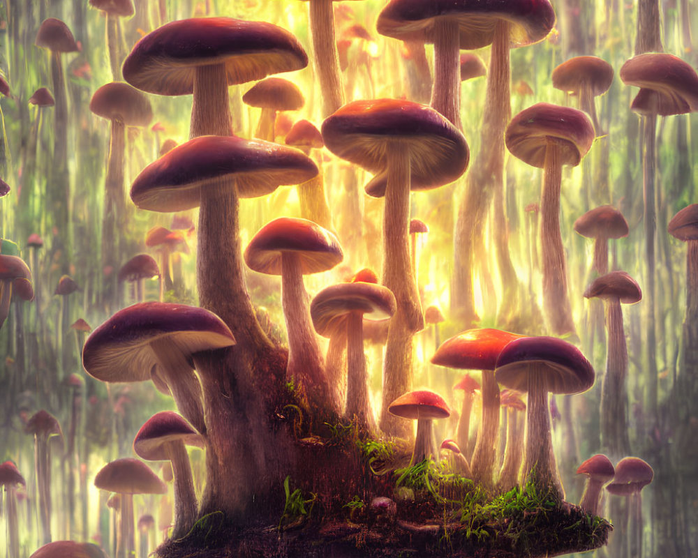 Enchanting forest scene with glowing mushrooms