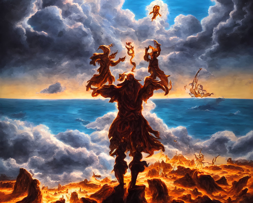 Fiery figure with multiple arms on molten landscape under dramatic sky
