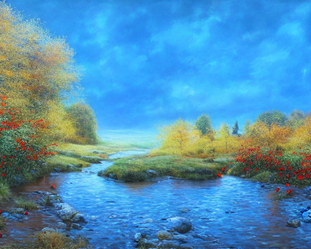 Tranquil landscape with meandering river, red poppies, autumn trees, and hazy sky