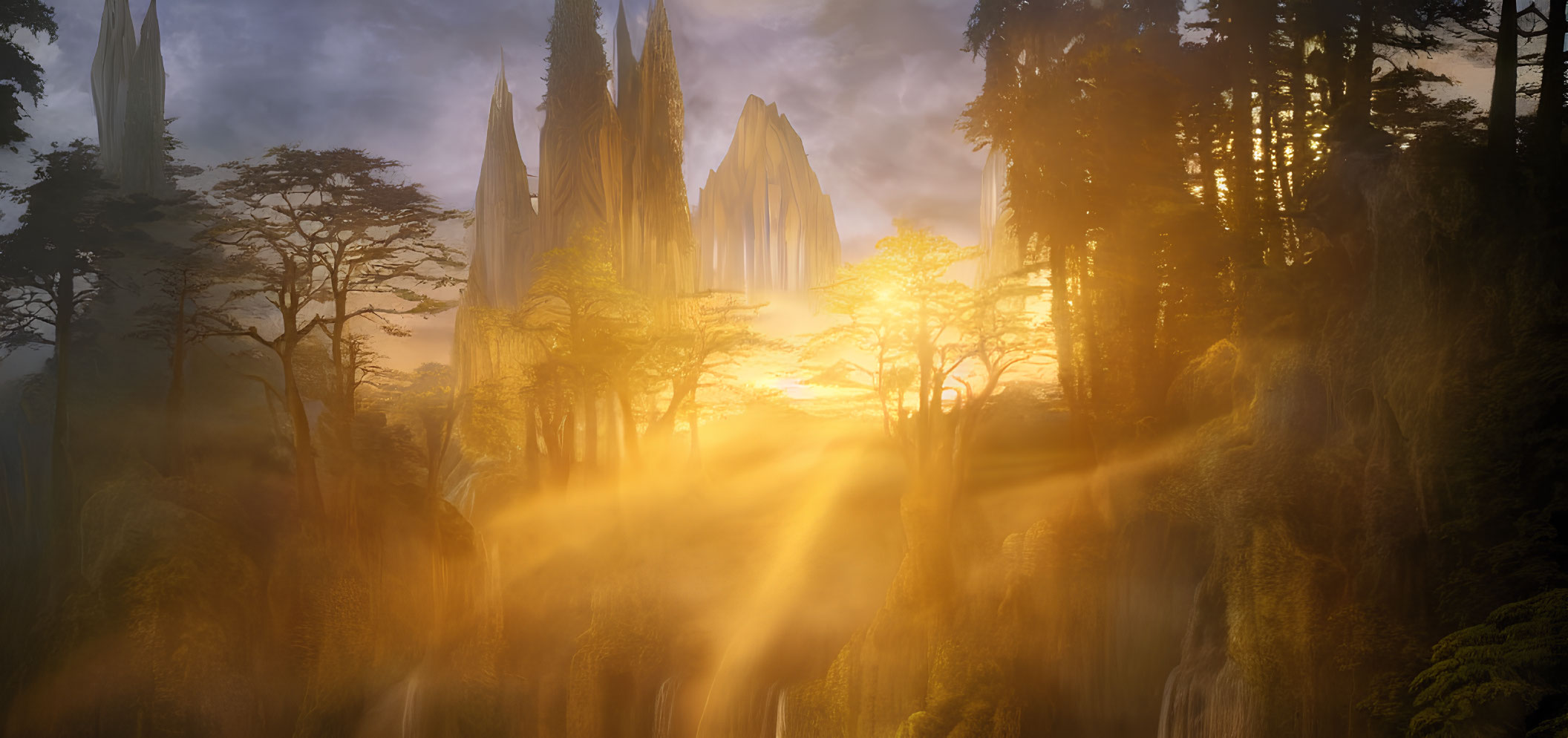 Majestic sunrise in mystical forest with towering spires